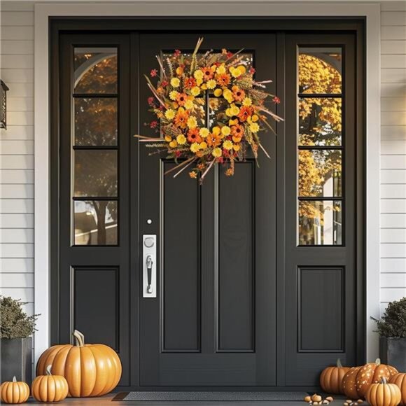22" Fall Autumn Wreaths for Front Door Orange Daisy Wreath with Grain Ears - Picture 2 of 12